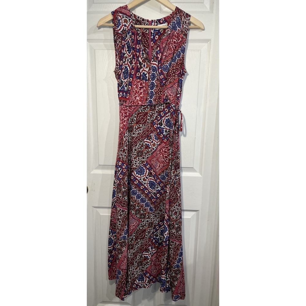 Calvin Klein Dress Size 10 Sleeveless Faux Wrap Midi‎ Tie Waist Boho Rayon Print